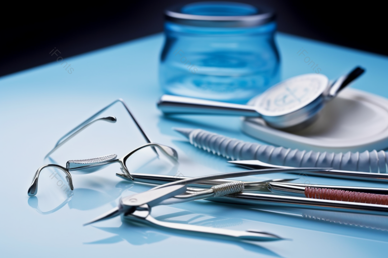 蓝色背景不锈钢医疗牙科工具凌乱摆放摄影图,高清,摄影图,摄影图片,图片大全,摄影图免费下载